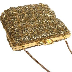 WALBORG 1950s, Gold-tone Beaded Handbag, Vintage Evening Bag
